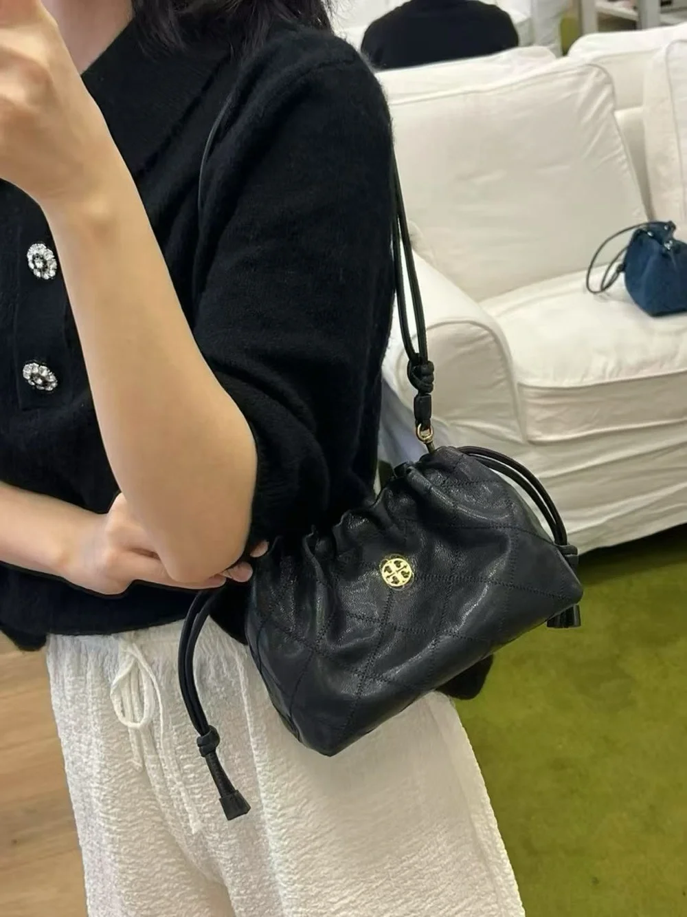NWT Tory Burch Black Quilted Drawstring Mini Crossbody with Gold Logo